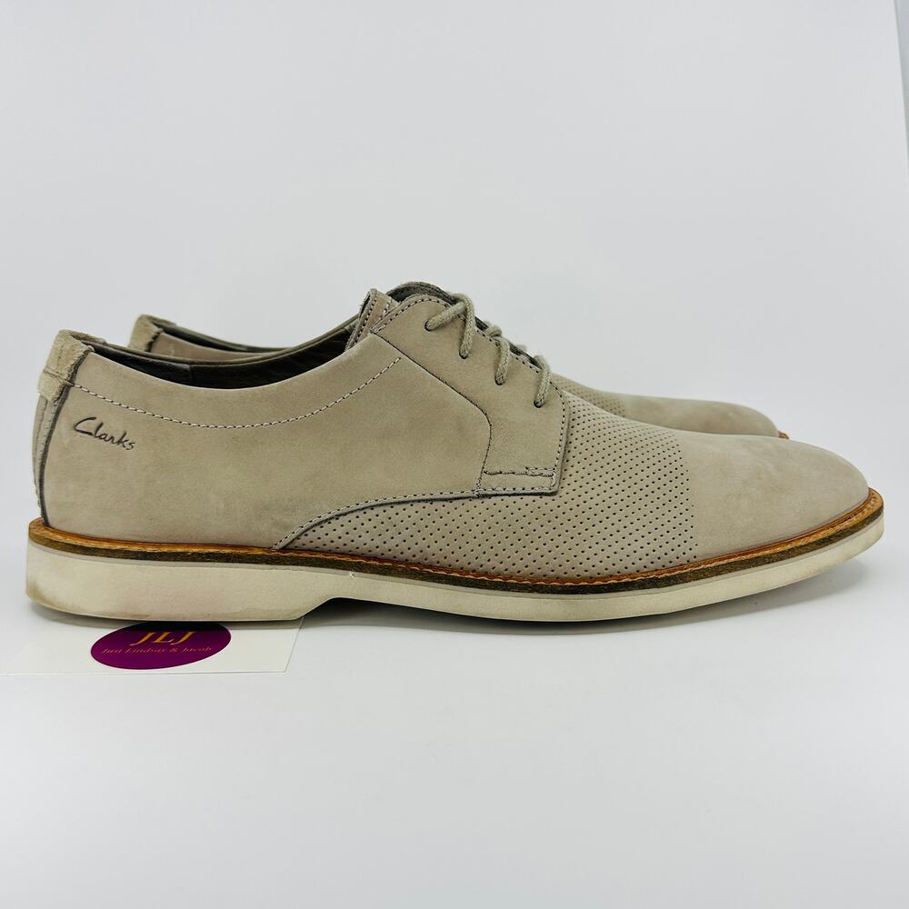 Clarks Men's Atticus LT Lace Light Grey Perforated Nubuck Oxford Shoes Size 13 M